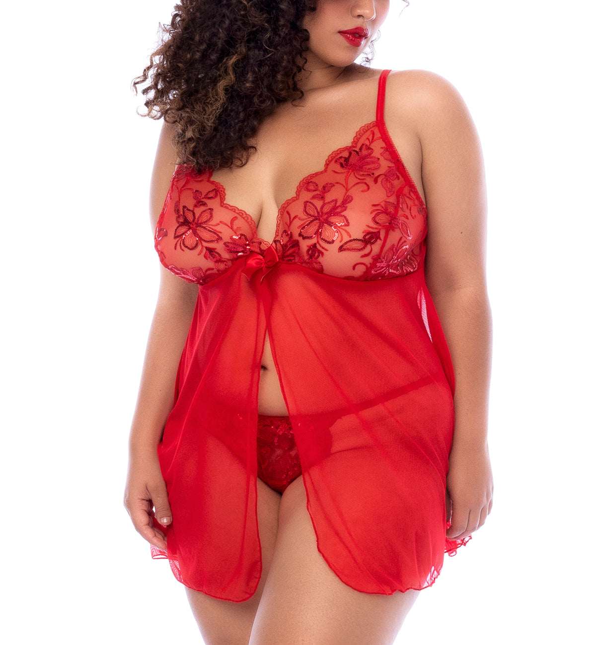 Mapale Surreal Ruby Passion Babydoll & Thong PLUS (7559X),1X/2X,Red - Red,1X/2X