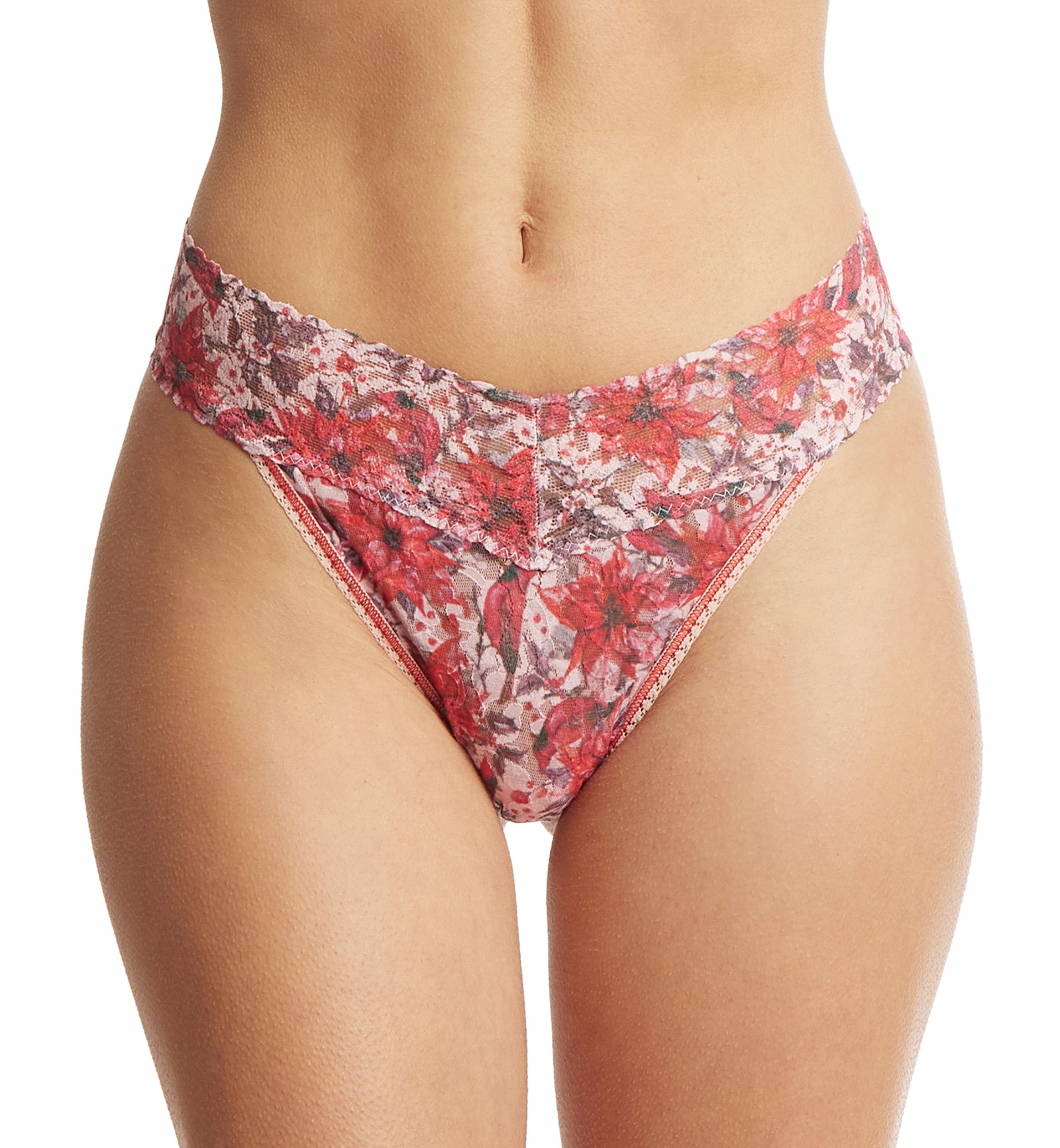 Hanky Panky Signature Lace Printed Original Rise Thong (PR4811P),Poinsettia - Poinsettia,One Size