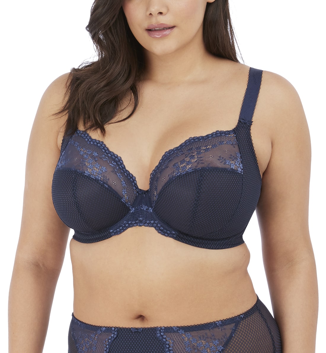 Elomi Charley Banded Stretch Lace Plunge Underwire Bra (4382)- Navy
