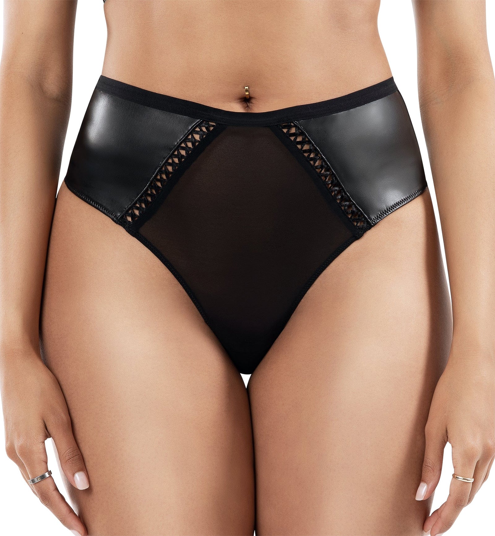 Parfait Stevie Faux Leather High Waist Thong (P50124),Small,Black - Black,Small