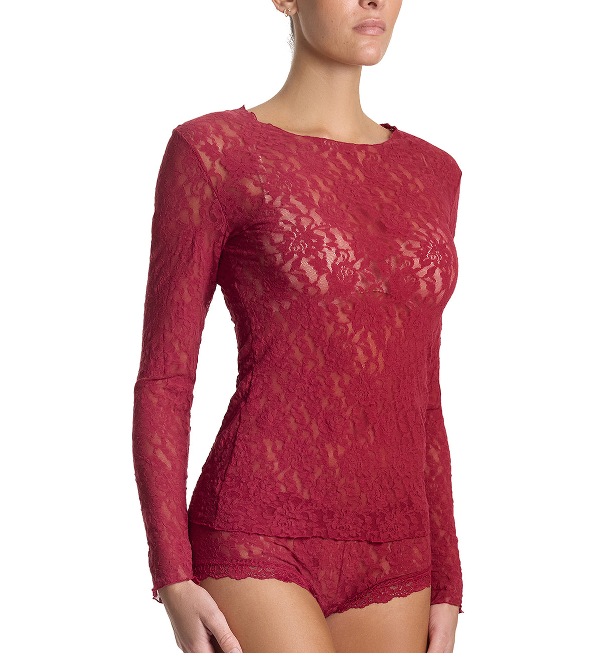 Hanky Panky Signature Lace Unlined Long Sleeve Top (128L),XS,Wild Berries - Wild Berries,XS