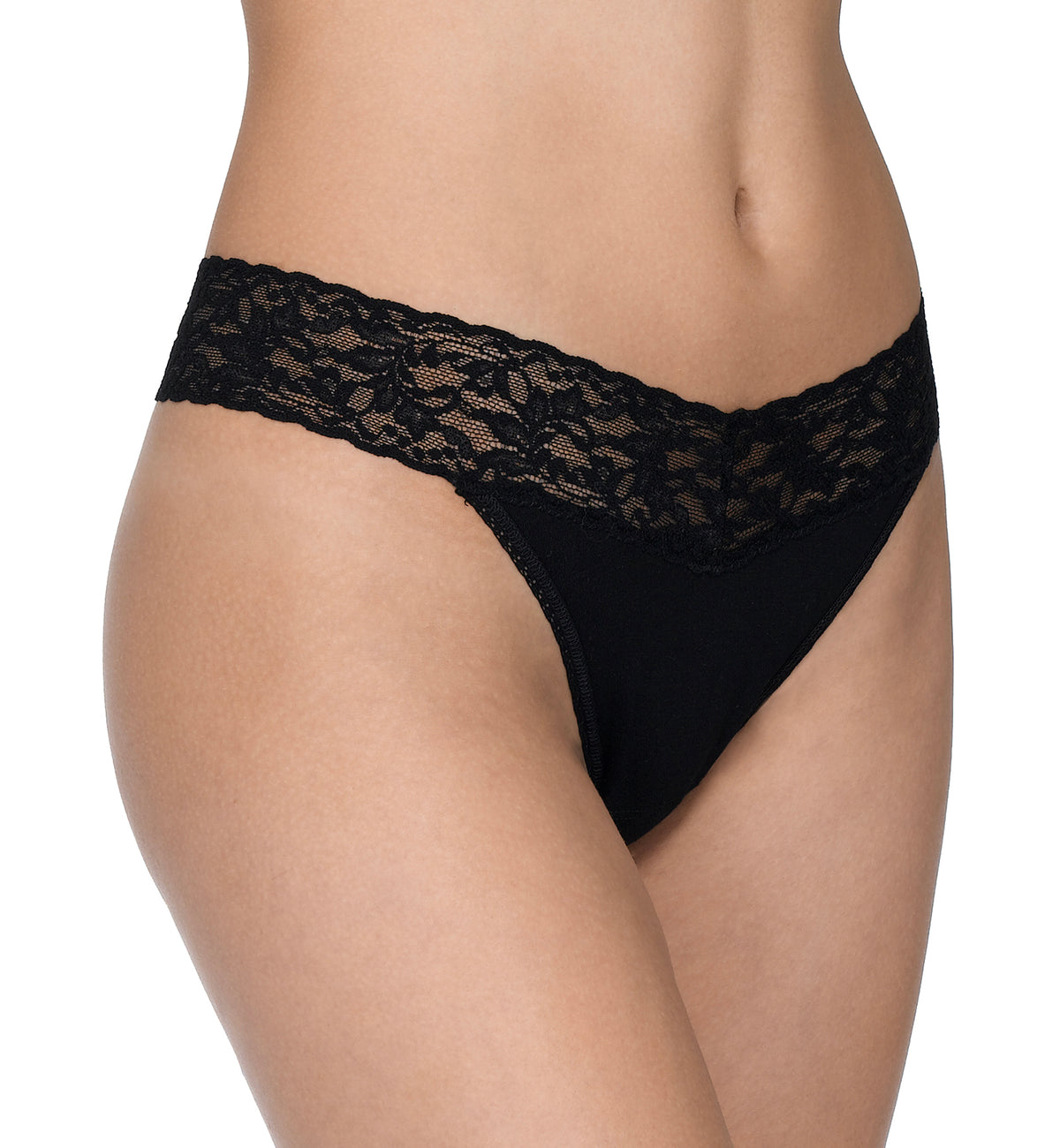 Hanky Panky Original Rise Organic Cotton Thong with Lace (891801),Black - Black,One Size