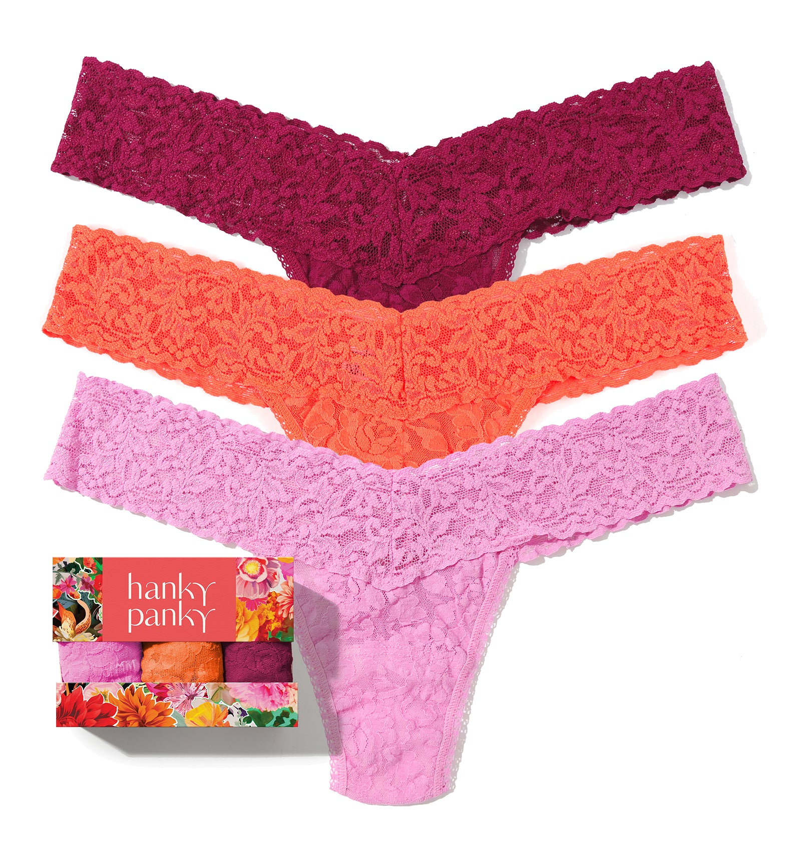 Hanky Panky 3-PACK Signature Lace Low Rise Thong (49113PK),Floramania - Floramania,One Size