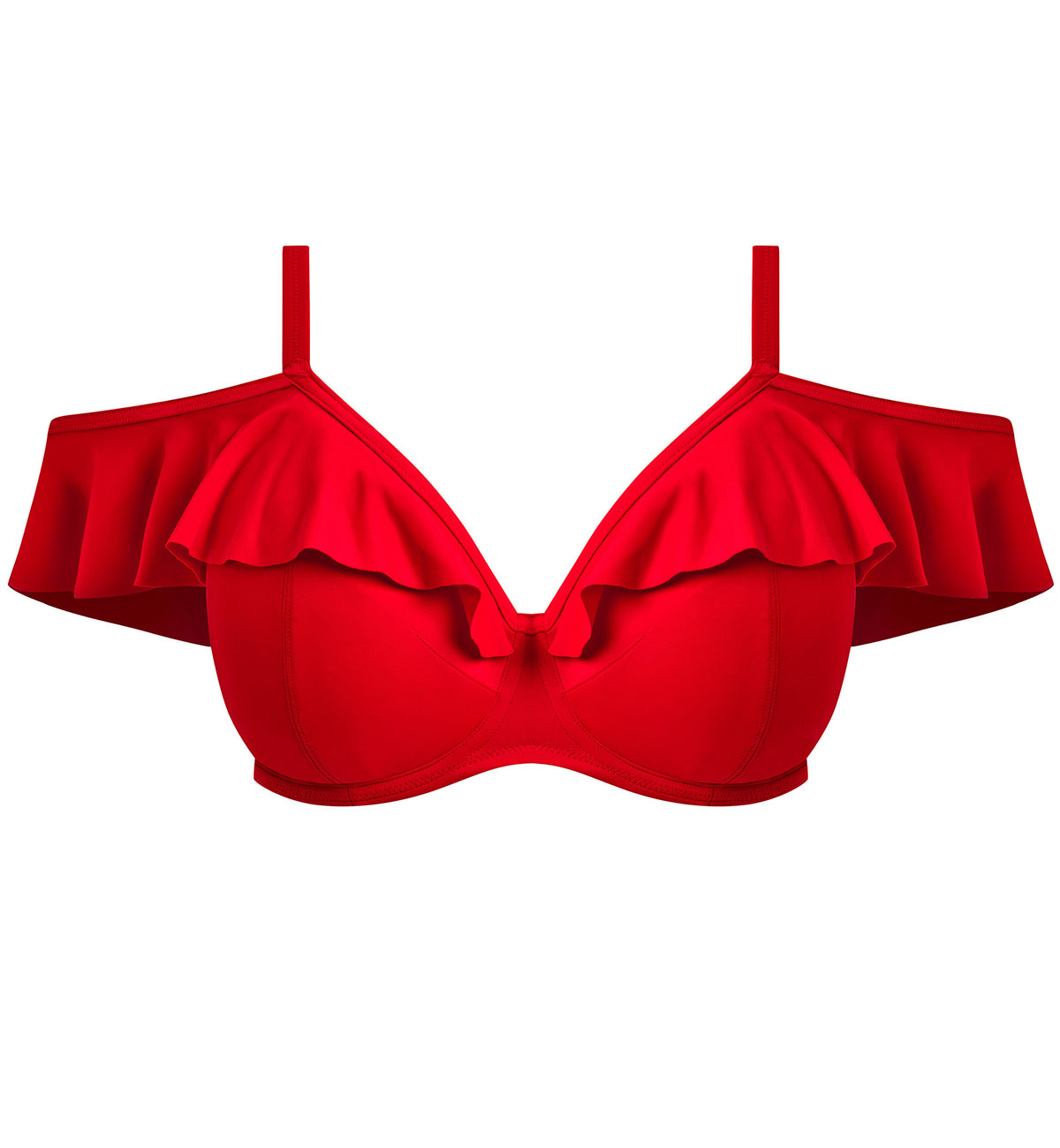 Elomi Plain Sailing Bardot Ruffle Underwire Plunge Bikini Top (ES7282),34G,Lava - Lava,34G