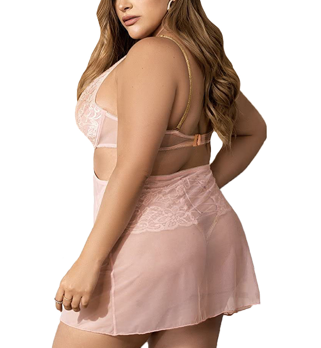 Mapale 2-in-1 Set PLUS: Babydoll, Underwire Bra, Lace-Up Back Thong (7373X),1X/2X,Rose - Rose,1X/2X