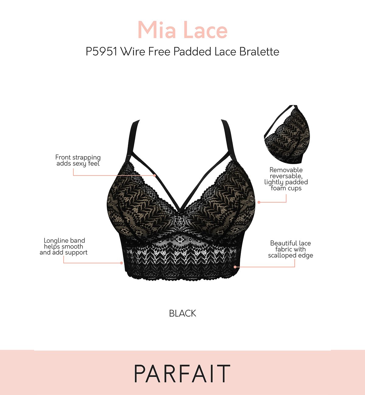 Parfait Mia Lace Wireless Longline Bralette (P5951),30D,Black - Black,30D