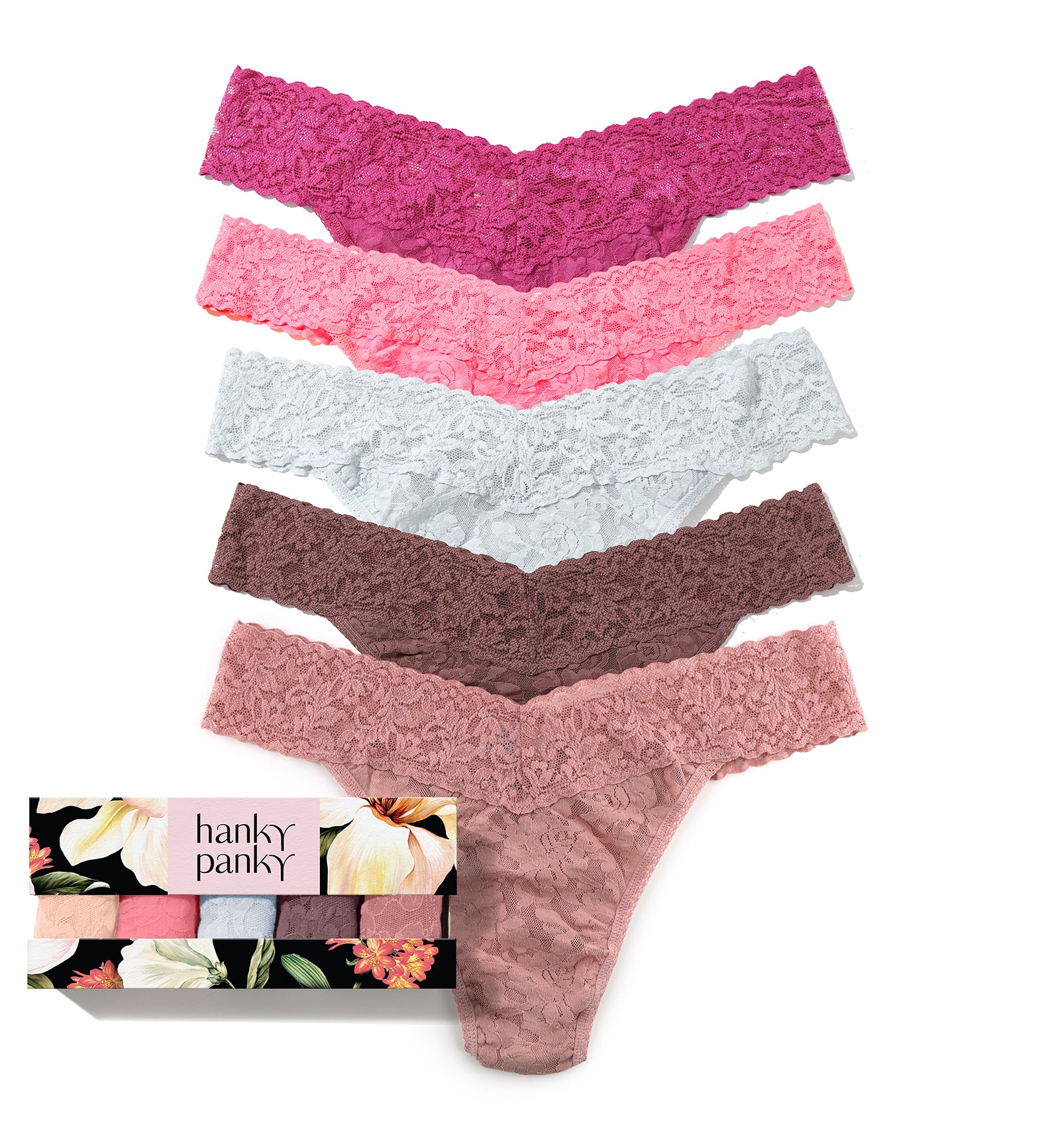 Hanky Panky 5-PACK Signature Lace Original Rise Thong (48115PK),Dark Room Blooms - Dark Room Blooms,One Size