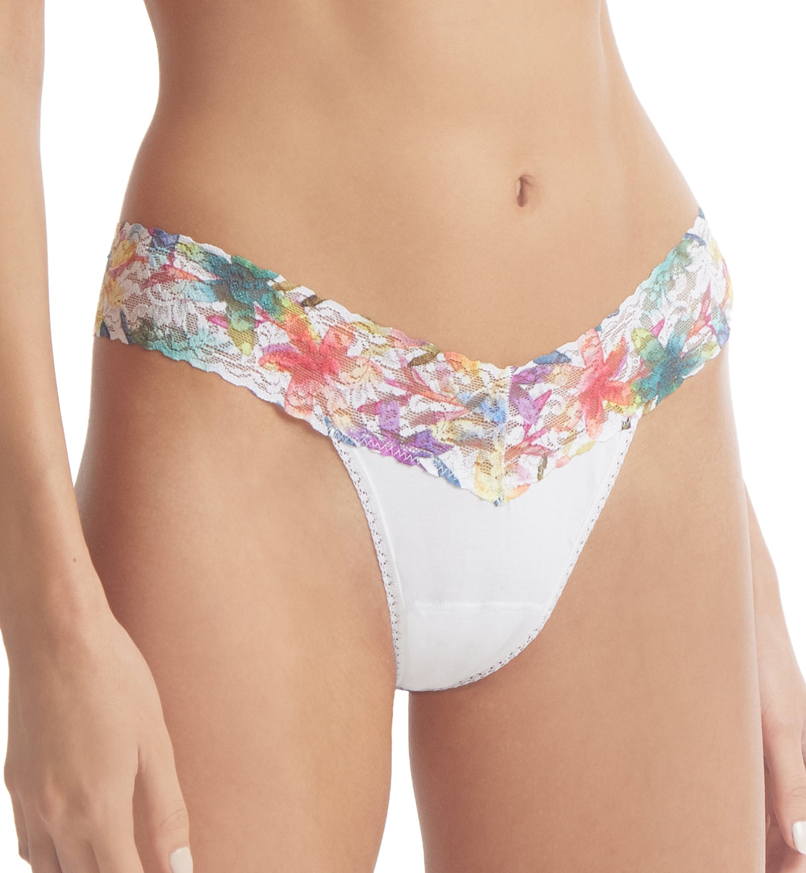 Hanky Panky Cotton-Spandex Low Rise Thong (891582P),White/Still Blooming - White/Still Blooming,One Size