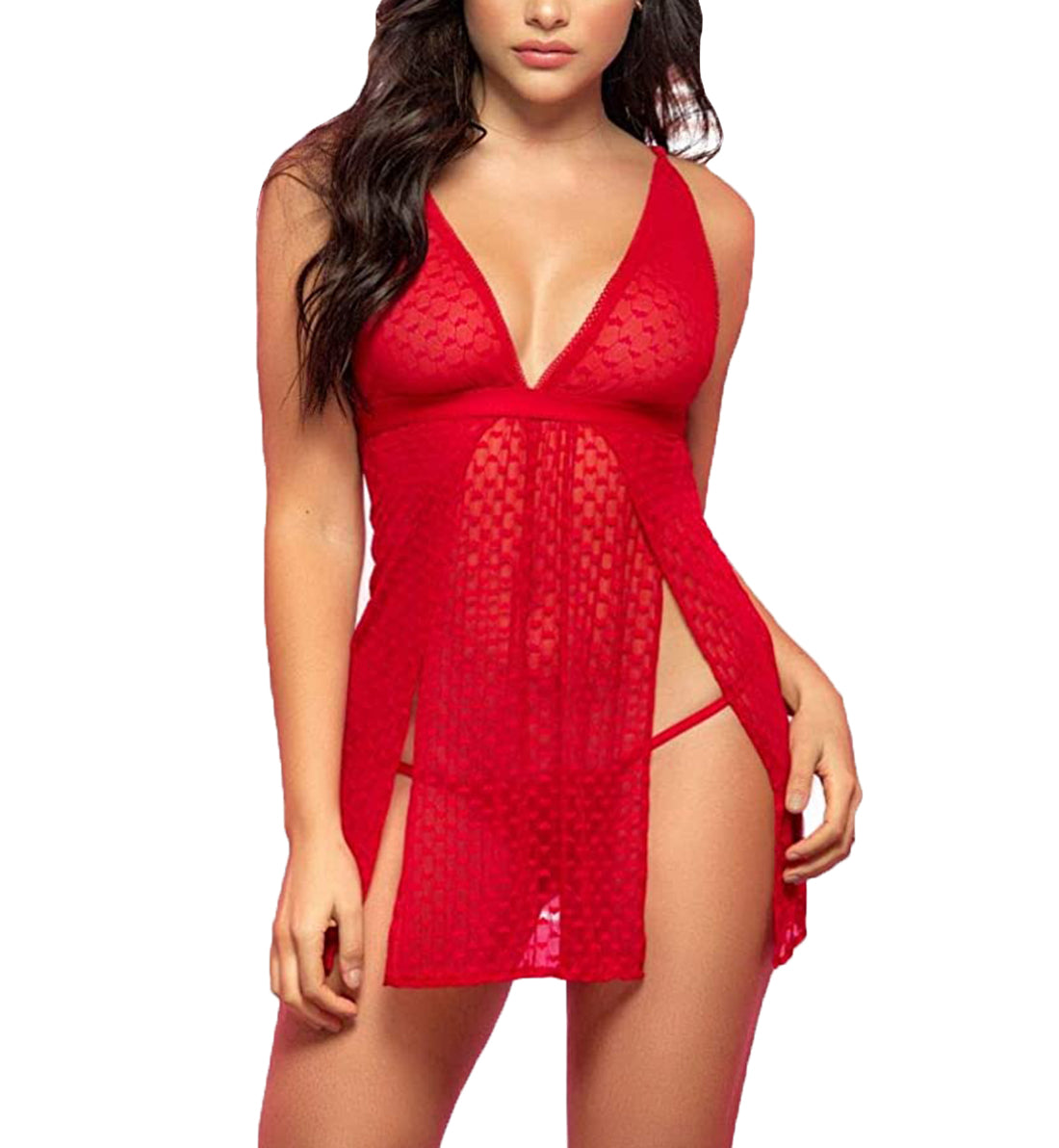 Mapale Split Side Sheer Babydoll with Matching G-String (7353),S/M,Red - Red,S/M