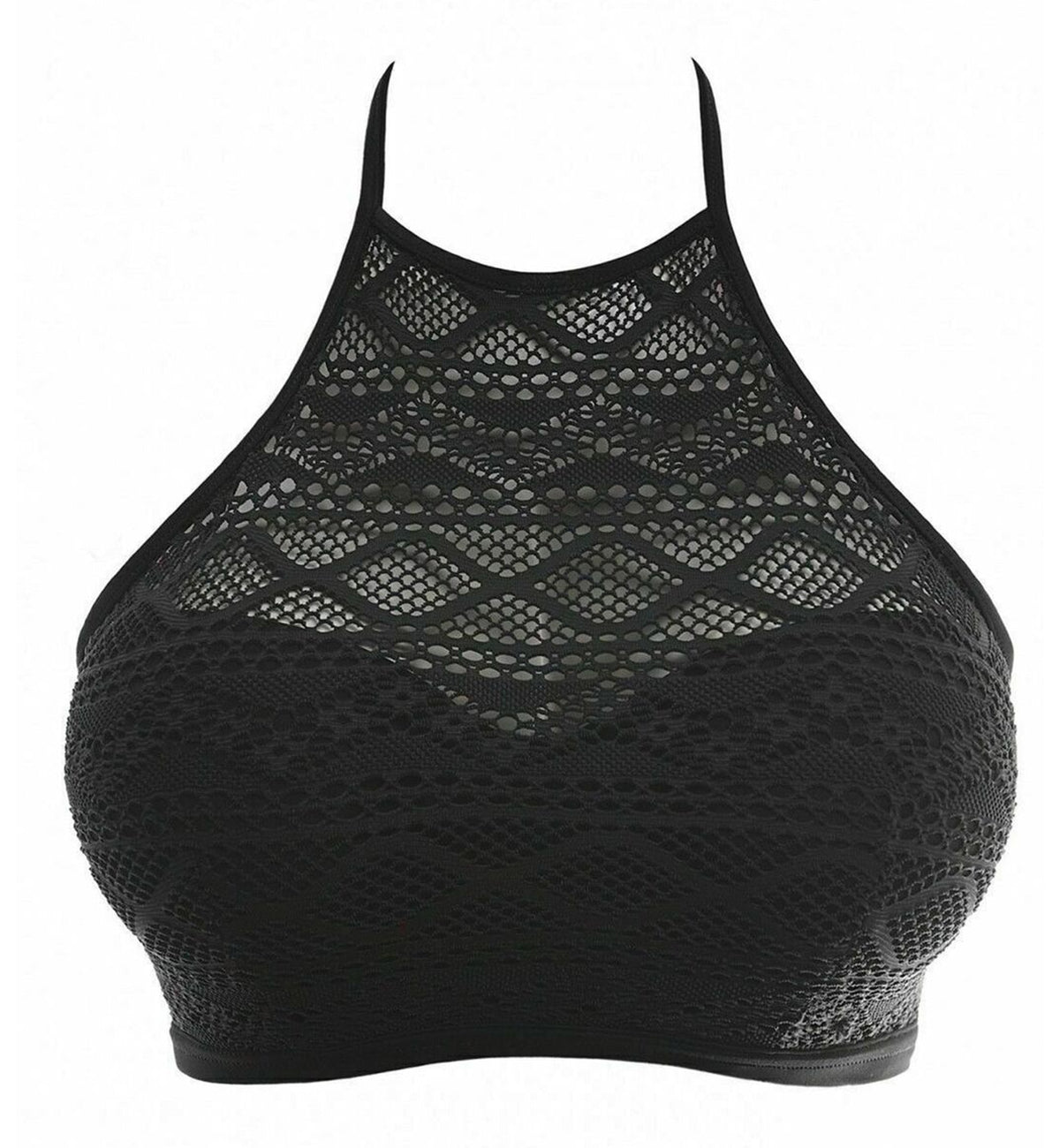 Freya Sundance Crochet Padded Underwire High-Neck Crop Top Bikini (3973),28D,Black - Black,28D